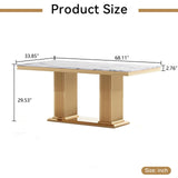 Maotifeys White Marble Dining Table for 6 Modern Luxury Faux Marble Kitchen Table for 4-6,68" Large Dining Room Tables with Columnar-Shape Gold Stainless Steel Base