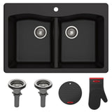 KRAUS Forteza 33-inch Drop in/Undermount 50/50 Double Bowl Granite Kitchen Sink in Black, KGD-52BLACK