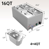Valgus Commercial Stainless Steel 4 Sections Bain Marie Food Warmer 16 Qt Buffet Server with Lid and Tap for Home, Catering, Restaurants