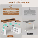 L Shaped Electric Standing Desk, 63 inch Gaming Computer Desk with Storage Shelves and LED Lights