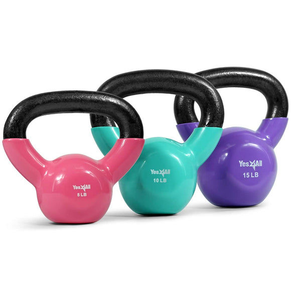 Yes4All Kettlebells 5 10 15 lbs Set Weight Vinyl Coated Cast Iron for Dumbbell Weights Exercises, Gym, Fitness, Full Body Workout Equipment Push up, Grip and Strength Training, Multicolor Yes4All