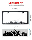 ZXFOOG Mountain License Plate Frames- Plastic Black Car Tag Holder Bracket with Screws Caps, 2 Packs 2 Hole, Silver on Black, Mountain Vinyl Sticker Included
