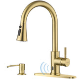 BLYLUND Touchless Kitchen Faucet with Pull-Down Sprayer, Kitchen Sink Faucet Brushed Gold Faucets with Soap Dispensor, Single Handle Hands-Free Sensor Suitable for 1 to 4 Hole Sink, Stainless Steel