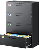PEUKC 4 Drawer File Cabinet, Lateral Filing Cabinets for Home Office, Office Storage Drawers with Lock, Hanging Files Legal/Letter A4 Size (Assemble Required,Black)