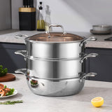 SOGA 3-Tier 11.8 in Heavy-Duty Stainless Steel Food Steamer – Stackable Vegetable & Seafood Steaming Pots with Glass Lid for Home, Restaurant & Kitchen Use