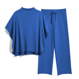 SeeLuNa Women's Two Piece Outfits 3/4 Batwing Sleeve Capelet Crew Neck Pullover Top Wide Leg Pants Lounge Set(Dark-Blue, S)