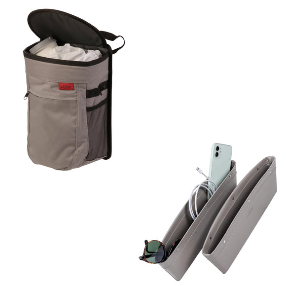 Lusso Gear Car Trash Can - Round - Gray and Car Seat Gap Organizer - Gray Lusso Gear