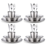 Odoland Stainless Steel Camping Mess Kit for Family & 4 Person, Cooking Tableware Utensils with Plates Bowls Forks Spoons Knives & Savings Bag for Camping, Backpacking, Hiking, Picnic, 4 Person Set