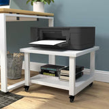 2 Tier White Printer Table with Wheels Wood Office Printer Stand & Cabinet for Home Ideal for Scanners & All in One Printers Space Saving Design