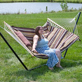 Sunnydaze Rope Hammock with Stand for Outside- 275-Pound Capacity - Includes 12-Foot Hammock Stand, Spreader Bar, Pad, and Pillow - Desert Stripe