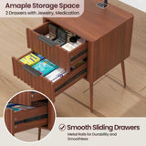 HNEBC Fluted nightstand Set 2 with - with 3-Color Lights and Lampshades,Modern Night Stand with Charging Station,LED Bedside Table with 2 Drawers,Tall Side Table for Bedroom,Walnut