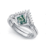 Oseew 1.5ct 10k Gold Natural Moss Agate Promise Ring for Women Gold Moss Agate Ring Set Moss Agate Engagement Ring Set Kite Shape Moss Agate Wedding Ring Set (White Gold)