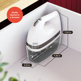 Mueller Electric Hand Mixer, 5 Speed with Snap-On Case, 250 W, Turbo Speed, 4 Stainless Steel Accessories, Beaters, Dough Hooks, Baking Supplies for Whipping, Mixing, Cookies, Bread, Cakes, White