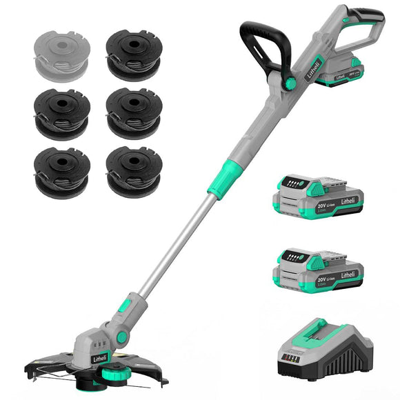 Litheli 20V 12 Inch Cordless String Trimmer/Edger, 2 X 2.0Ah Battery Powered Weed Eater with Auto-Feed for Lawn Trimming/Edging