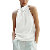 Maohao Women's Silk Satin Tank Tops Halter Draped Front Sexy Backless Womens Summer Tops Elegant Camisole Tops (White,S)