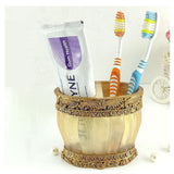 LUANT Vintage Golden Bathroom Accessories, 5Piece Bathroom Accessories Set, Bathroom Set Features, Soap Dispenser, Toothbrush Holder, Tumbler & Soap Dish - Golden Glossy - Bath Gift Set