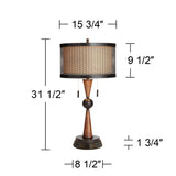 Franklin Iron Works Hunter Rustic Farmhouse Table Lamp with USB and AC Power Outlet Workstation Charging Base 28.75" Tall Bronze Cherry Wood Double Drum Shade for Living Room Bedroom House Bedside