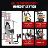 FAGUS H All in One Home Gym System Workout Station with Adjustable Weight Bench,Multi-Function Smithe Machine Power Cage with Cable Crossover,Tripe-Sided Independent Load Posts Functional Trainer, Red