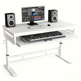 Music Studio Desk Workstation with Keyboard Tray, Office Computer Table with Organized Wiring/Keyboard Shelf Workbench Electronic Piano Midi Production Recording Studio