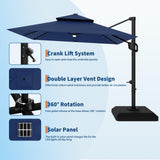 Garvee 10 ft Solar Lights Cantilever Patio Umbrella with Base Included, 360° Rotation Offset Umbrella, Easy Crank & Tilt Adjustment, UV Protection for Backyard, Poolside, Deck -Navy Blue