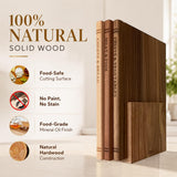 Liereti Premium 3pc Book Cutting Board Set with Stand, Space-Saving Decorative Wood Cutting Board Library, 100% Natural Wood Grain Finish, Sleek Laser-Engraved Labels