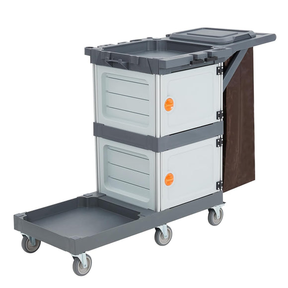Commercial Janitorial Cart with 2 Cabinet, Cleaning Cart On Wheels, Housekeeping Caddy with Cover, Shelves Towallmark