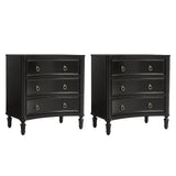 HULALA HOME 3 Drawer End Tables Set of 2 with Charging Station, 26" Wide Endtables with Solid Wood Legs and Curved Profile, Classic Side Tables for Living Room, Black
