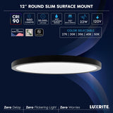 LUXRITE 12 Inch LED Flush Mount Ceiling Light, LED Surface Mount, 5CCT 2700K-5000K, 1650 Lumens, CRI90, 110° Beam Angle, 22 Watt, Dimmable, Wet Rated & UL Listed, Round Slim + Black Trim (6 Pack)