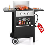 GREEN PARTY 2 Burner Griddle Grill Combo, 2 in 1 Propane Gas BBQ Grill w/Cast Iron Plate, 20,000 BTU Output Small Flat Top Propane Barbecue Grill for Camping, Patio, Backyard, Balcony