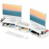 OPNICE Desk Organizers and Accessories, Dual Monitor Stand Riser with Drawer and 2 Pen Holders, Desk Shelf Computer Racks & Printer Stand for Office Workspace Organizers, Desktop Organization (White)