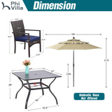 PHI VILLA 5pc Patio Dining Set with Umbrella, Square Table, Rattan Chairs