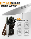 OOU 2025 Kitchen Knife Set with Block, 15-Piece German Stainless Steel Knife Blcok Set with Sharpening Rod, Ergonomic Wood Handle,Premium Razor-Sharp Knives Set for Kitchen