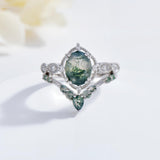 Oseew Natural Moss Agate Ring for Women 2CT Oval Cut 2 Pieces Engagement Ring Set 10K/14K/18K Solid Gold/Sterling Silve Personalized Wedding Leaf Vintage Bridal Promise Ring for Women