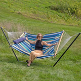 Sunnydaze Rope Hammock with Stand for Outside- 275-Pound Capacity - Includes 12-Foot Hammock Stand, Spreader Bar, Pad, and Pillow - Lakeview