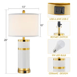 BLHDZJR Ceramic White Gold-Plated Decorative 28" Table Lamps Set of 2 with E26 Socket&Rotary Switch,USB A+C Ports,Modern Bedside Lamps for Nightstand,Bedroom,Living Room,Decoration,Office(Bulbs in)