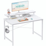 Pamray 32 Inch Small Computer Desk with Monitor Stand, Simple Office Desk with Headphone Hook for Small Spaces, Kids Study Writing Table for Bedroom, White