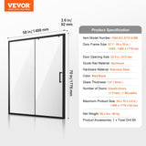 VEVOR Semi-Frameless Shower Door, 57.7-59 W x 70 H in, Shower Sliding Glass Door with 1/4 in(6mm) Clear Tempered Glass, Waterproof Shatterproof Stainproof with Stainless Steel Hardware, Matte Black