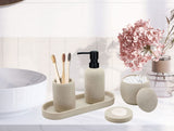 Beige Resin Bathroom Accessory Set, 5 Pcs Bathroom Accessories Set with Lotion Dispenser,Soap Dish,Toothbrush Holder,Vanity Tray,Qtip Holder Dispenser, Modern Bathroom Decor and Housewarming Gift Set