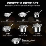Ciwete 11-Piece Tri-Ply Stainless Steel Pots and Pans Set, 18/10 Stainless Steel Cookware Set with Steamer Insert, Induction Kitchen Cookware Sets with Cool Ergonomic Handles, Dishwasher, Oven Safe