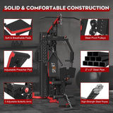Multifunctional Home Gym Station, Home Gym Workout Exercise Equipment with 160LBS Weight Stack, Full Body Strength Training Workout Machine for Leg Press, LAT Pull Down, Chest Press, PEC Fly, Red