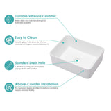 Kichae Vessel Sink Rectangular - 16"x12" Modern White Bathroom Sink Rectangle Above Counter Porcelain Ceramic Vessel Vanity Sink Art Basin