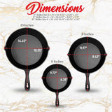 NutriChef Pre-Seasoned Cast Iron Skillets - 3 Pieces Cast Iron Cookware Set w/Drip Spout and Scraper - Compatible with Induction