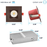 LUXRITE 6-Pack 4 Inch Square LED Recessed Lights with J-Box, 5CCT 2700K-5000K, 2 Hour Fire Rating, 15 Watts, 1000 Lumens, 60° Spotlight, Dimmable, IC Rated, Wet Rated, ETL - Bronze Trim