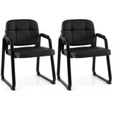 GIANTEX Waiting Room Guest Chairs Set of 2, Leather Office Reception Chairs with Padded Armrests, Sled Base, Metal Frame, Stationary Side Chairs No Wheels for Conference Meeting Lobby Home, Black