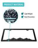 NJNYLLC Mountain License Plate Frames - Plastic Car Tag Holders with Raised Mountain Design, Black on Black, 2 Pack 2 Hole with Screws & Caps, Mountain Vinyl Sticker Included