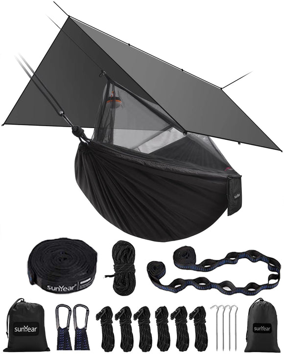 Hammock Camping with Rain Fly Tarp and Net, Portable Camping Hammock | Black Sunyear