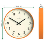 JONES CLOCKS® Studio wall Clock | Modern Round Style | 12 inch | Orange | Easy to Read Numbers | Versatile Design for Kitchen, Living Room or Office