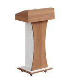 Wooden Podium Stand with Lockable Wheels Modern Presentation Blockboard Lectern Black Walnut Color with Storage Shelves for Office, Church