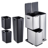 Triple Compartment Stainless Steel Trash and Recycling Bin Combo,16 Gallon,Removable Inner Buckets,Collapsible Foot Pedal,Indoor Use for Kitchen Home Office