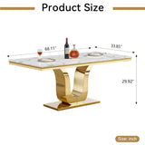 Maotifeys White Marble Dining Table for 6 Modern Luxury Faux Marble Kitchen Table for 6, 68" Large Dining Room Tables with U-Shape Gold Stainless Steel Base